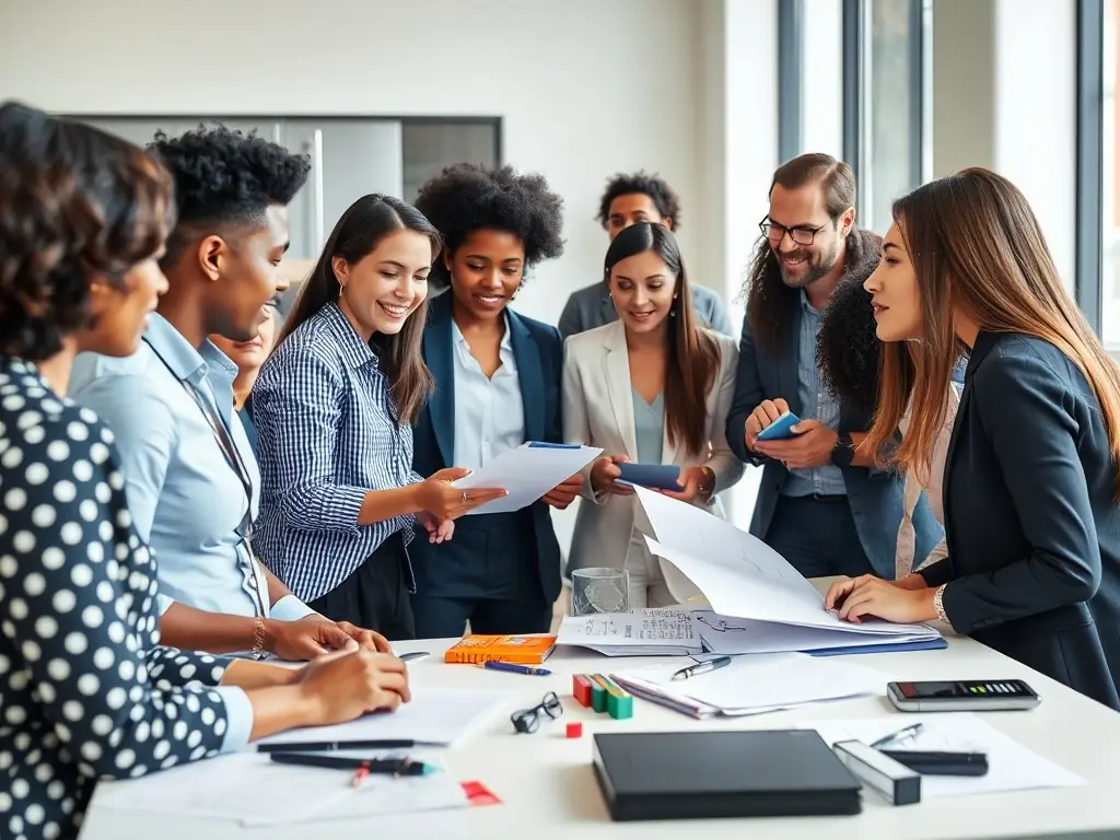 A diverse group of individuals participating in a public speaking workshop, actively engaging in exercises and receiving feedback from the instructor.