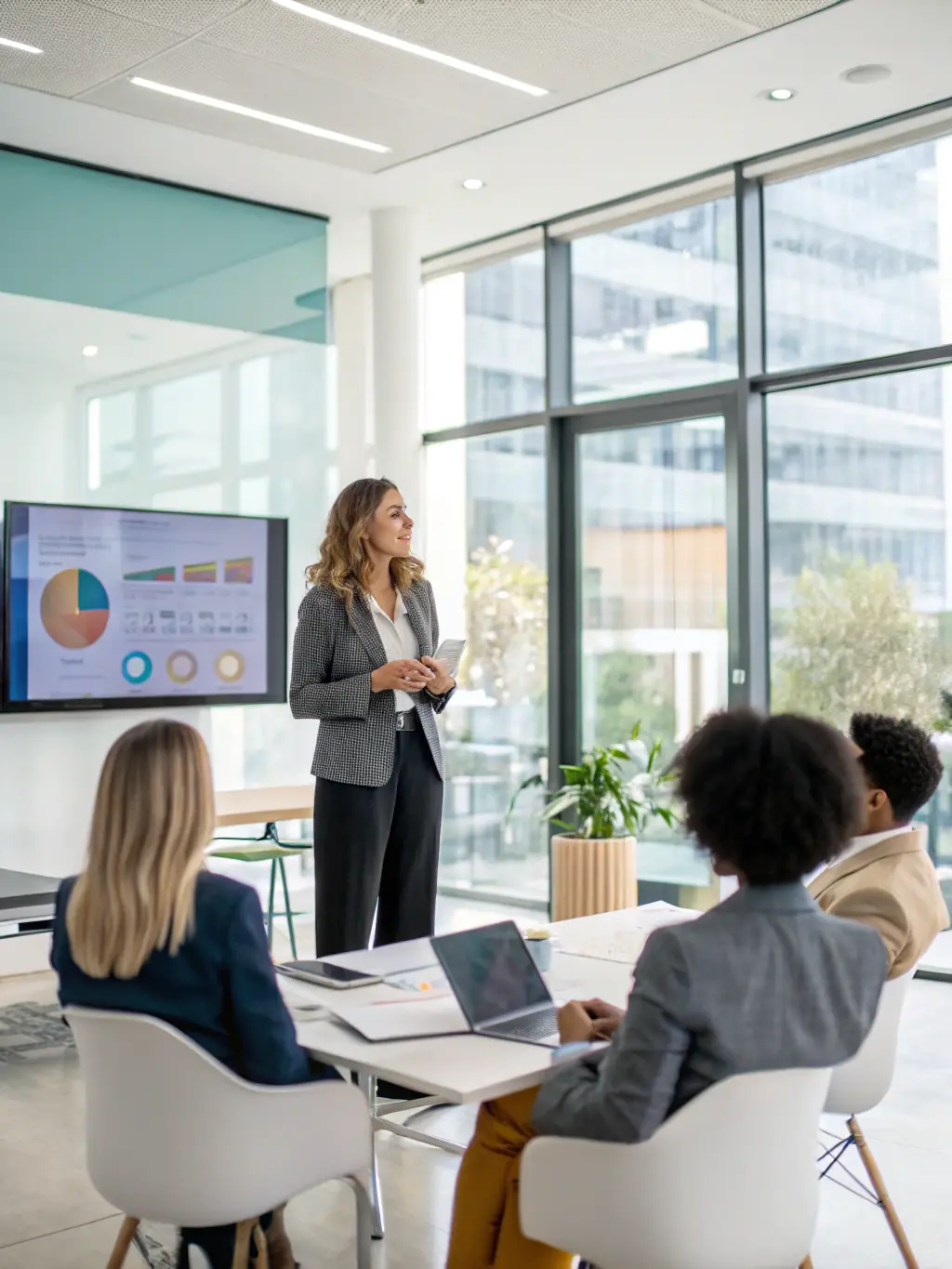 An image of a confident speaker addressing an engaged audience in a corporate setting, symbolizing leadership communication coaching.
