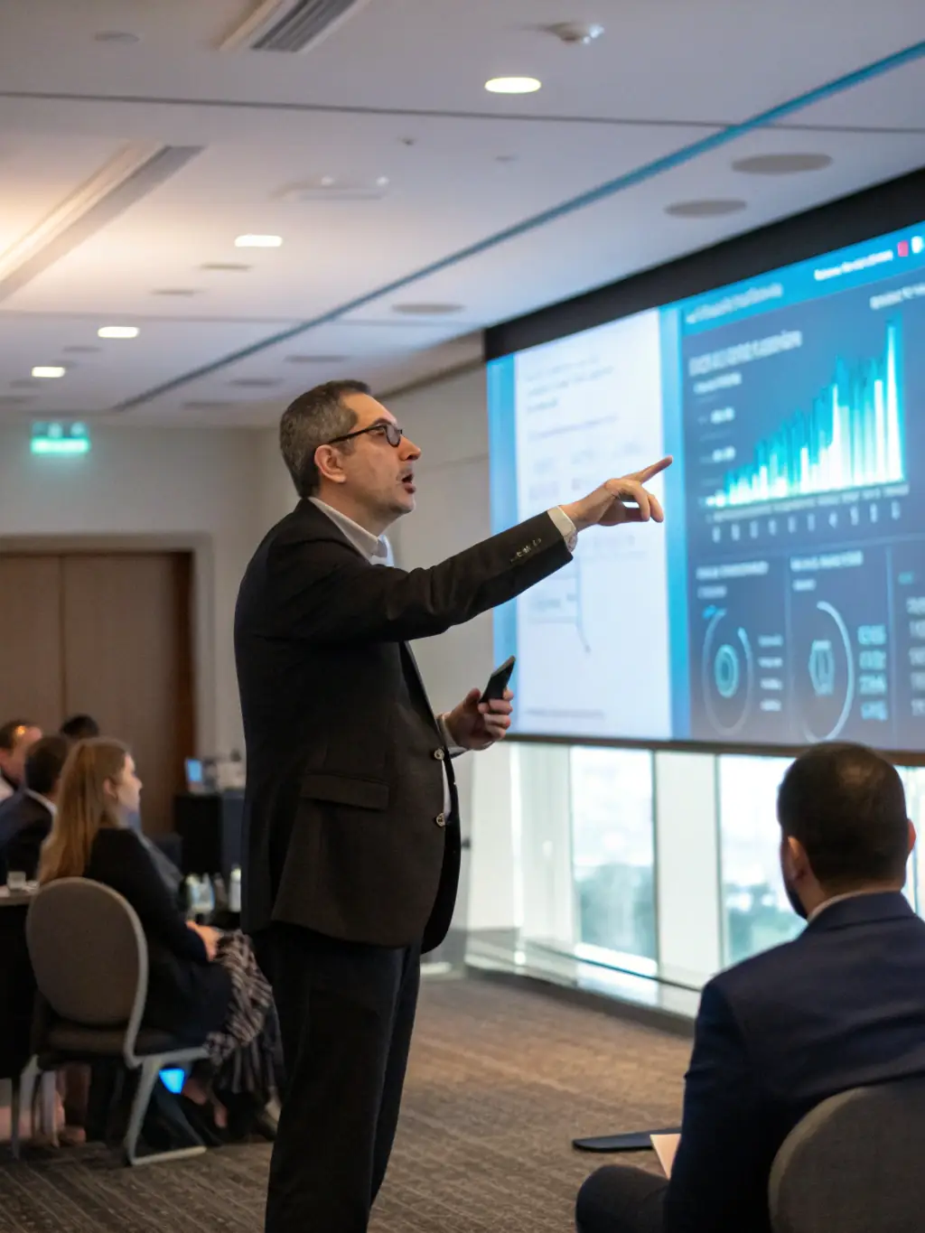 A professional giving a presentation with confidence, using effective body language and vocal projection techniques.