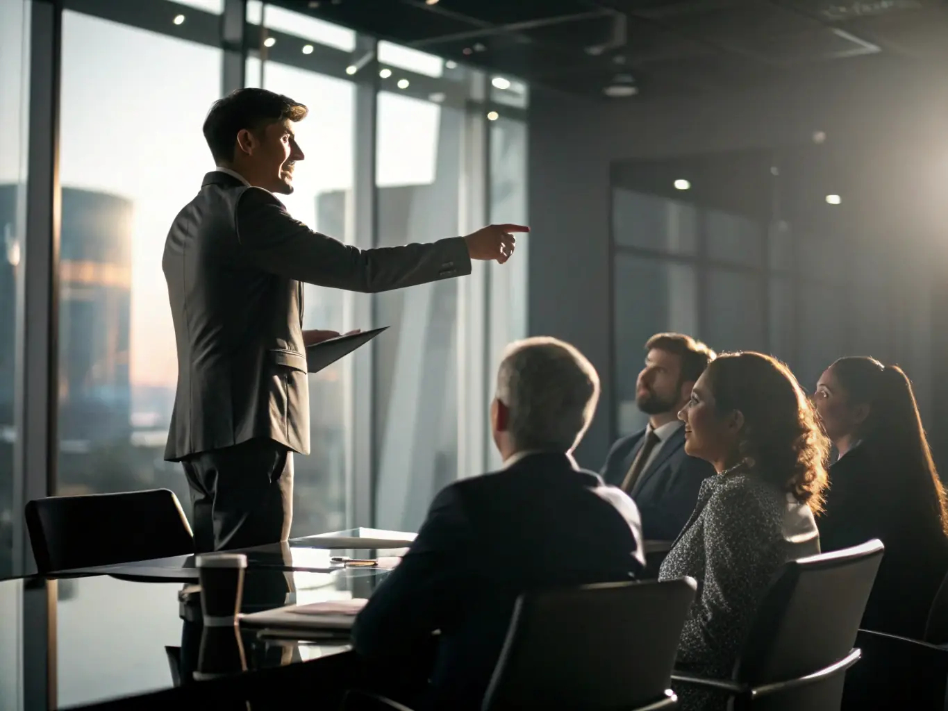 A business professional confidently delivering a presentation to a team in a modern office setting, showcasing leadership and communication skills.