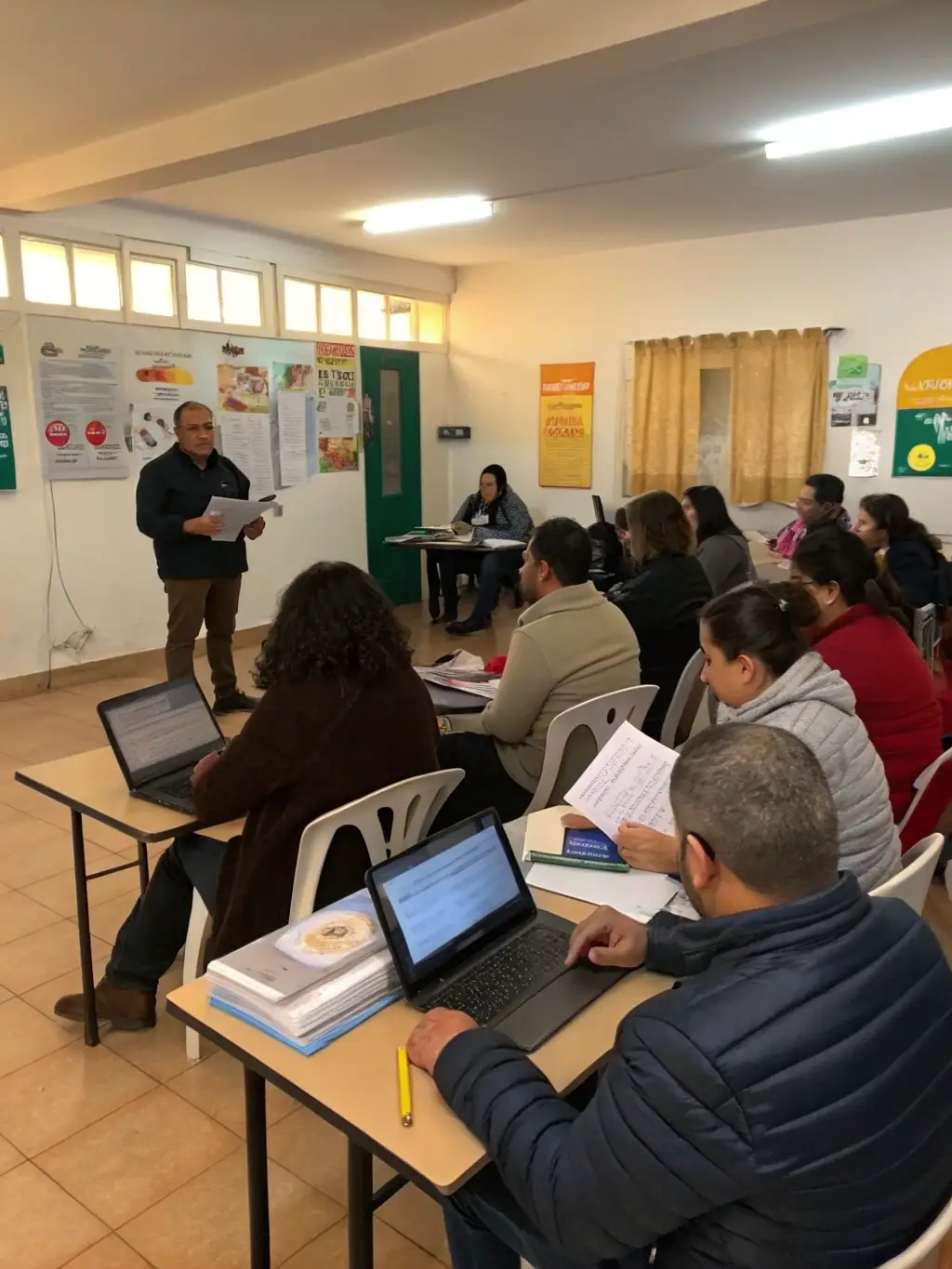 A photo of a workshop session with participants practicing speeches in a classroom environment, representing public speaking workshops.