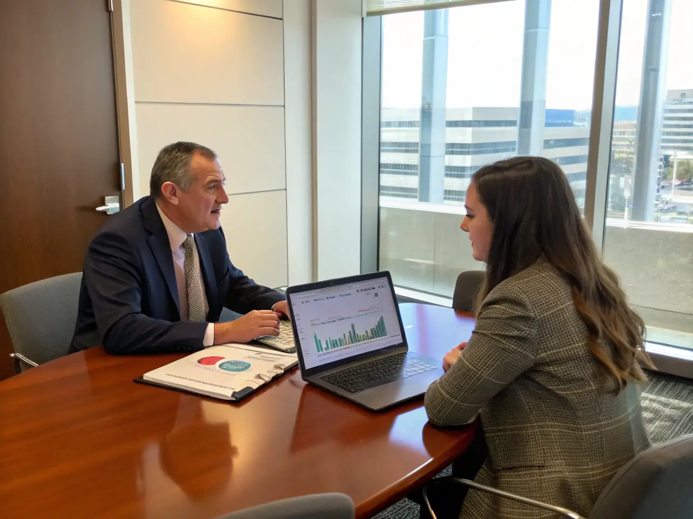 A senior executive engaged in a one-on-one mentoring session, discussing strategic decisions and leadership challenges with a seasoned mentor.